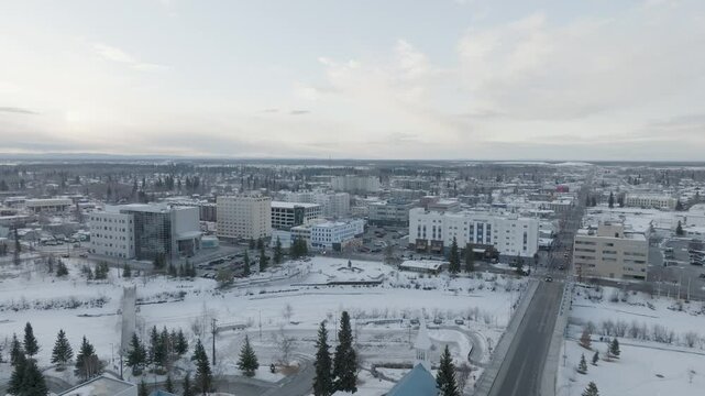 Wide Aerial View of Downtown Fairbanks, Alaska Looking South along Cushman Street Bridge over Chena River