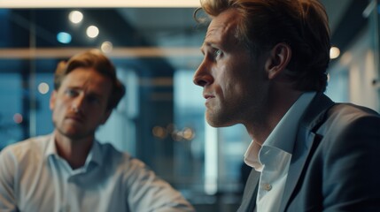 Pensive businessman with colleague in an office setting, medium shot showing their thoughtful expressions and modern office environment, artificial soft lighting.