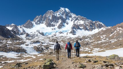 Fototapeta premium Trekking friends from diverse ethnicities in the scenic mountains adventure natural landscape captivating view