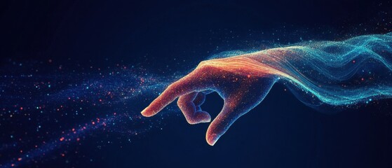 Interactive hand engaging virtual stock market trends digital environment conceptual visualization futuristic perspective