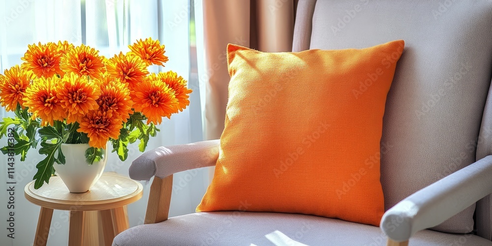 Poster vibrant cushion on a chair accompanied by orange chrysanthemums, creating a lively and inviting atmo