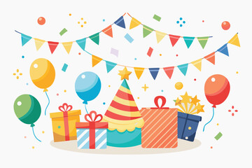 Colorful Birthday Party Decorations with Balloons, Gifts, and Banners