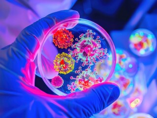 Person holding petri dish with virus visualization, close-up shot focusing on the petri dish and the vivid colors, bright laboratory lighting, 50mm macro lens.