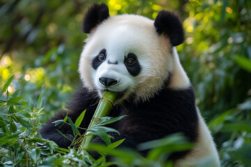 Fototapeta premium Gentle panda munching on bamboo in lush greenery