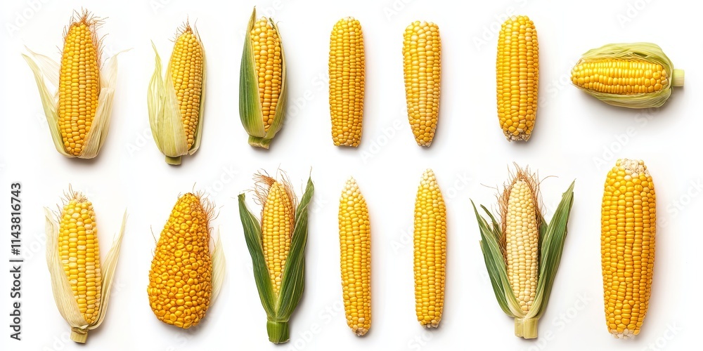 Poster collection of corn, both with skin and without skin, isolated on a white background. this corn displ