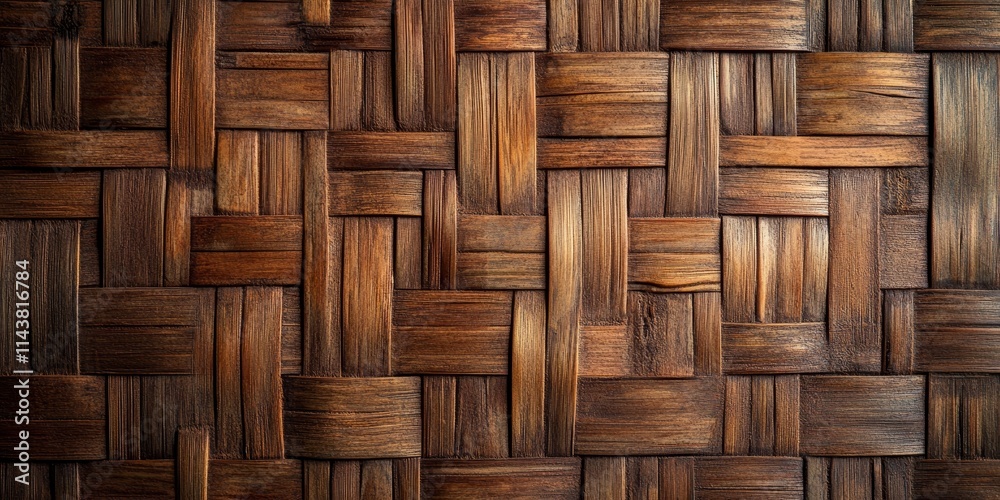 Poster Bamboo weave pattern showcased against a backdrop of natural wood, highlighting the intricate design and texture of bamboo weave in a unique composition.