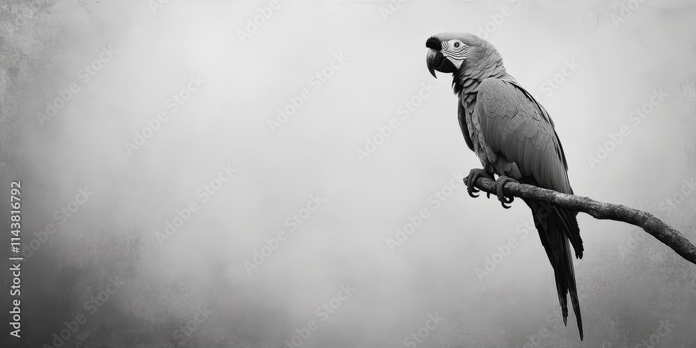 Poster Black and white parrot perched on a tree branch against a grey paper background, providing a striking contrast perfect for showcasing various designs or text overlays featuring the parrot theme.