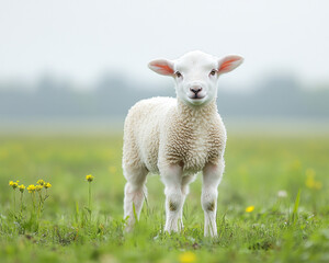 Gentle white lamb in a dewy green meadow, hazy background