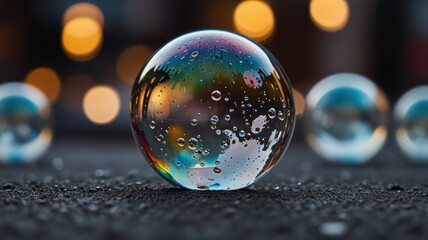 A Colorful Glass Orb Rests On Dark Pebbles