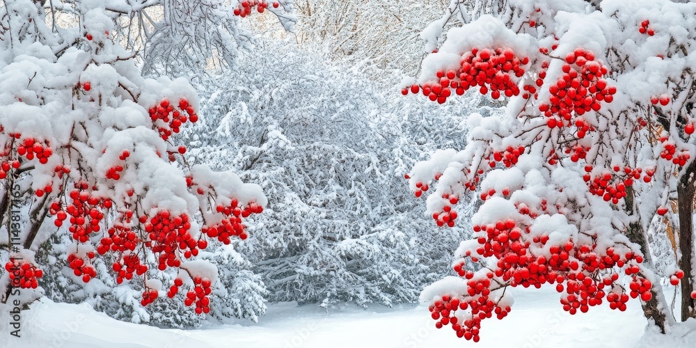 Poster winter scene featuring snowy trees and bushes adorned with vibrant red rowan berries, showcasing a s