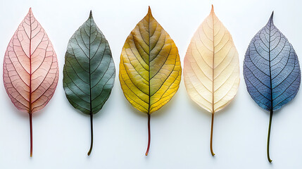 A collection of leaves with varying shapes and veins, photographed under soft, diffused light 