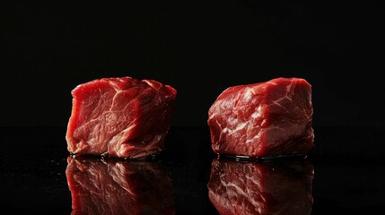 Pieces of red meat placed side by side. Studio lighting.