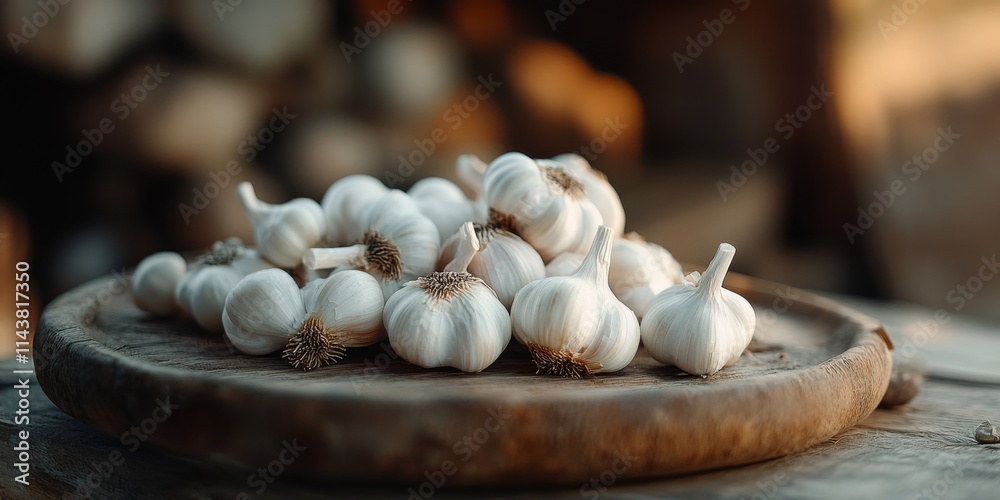Poster close up of garlic displayed on a wooden plate amidst a rustic background, featuring shallow depth o