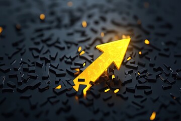 A glowing yellow upward arrow breaking through a dark black canvas with scattered black arrows, showcasing the concept of market success and strategic leadership."