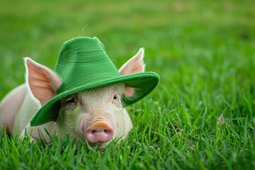 Pig in a green hat on grass, charming and whimsical, natural daylight.