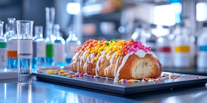 Food additives, a sweet roll showcasing various chemical additives, accompanied by colorful labels, placed on a laboratory table highlighting the role of food additives in modern culinary practices.