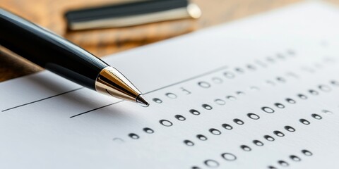 A pen carefully examining a review that features all excellent ratings, highlighting the thoroughness of the review process and the importance of achieving excellent standards in evaluations.