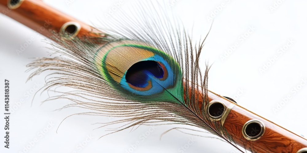 Aufkleber Peacock feather and flute displayed against a white background create a captivating visual. The harmony of the peacock feather and flute adds an artistic touch to the composition.