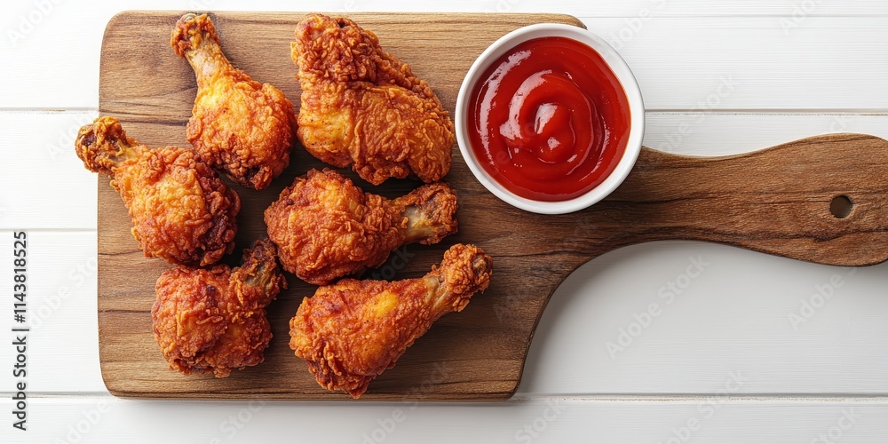 Poster Fried chicken served with ketchup on a wooden board, captured from a top view, showcases the deliciousness of fried chicken and its perfect pairing with ketchup against a clean white backdrop.