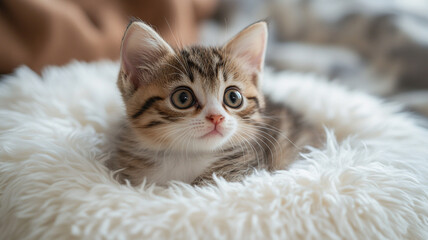 Fototapeta premium Adorable kitten on a fluffy, white cushion