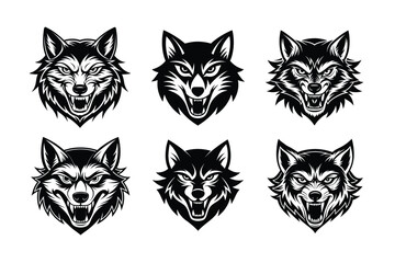 Set of Black and White Wolf Head Logos and Illustrations