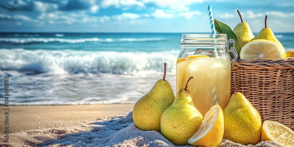 Poster fresh pears in a basket alongside a jar of lemonade create a refreshing scene at the beach, perfect 