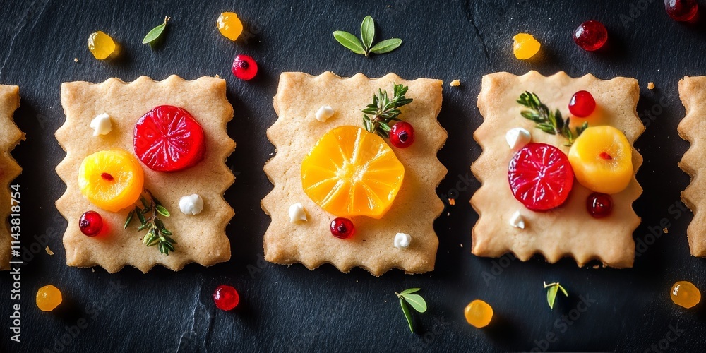 Aufkleber shortbread cookies featuring candied fruits arranged elegantly on a dark backdrop, highlighting the 