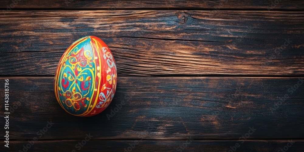 Poster easter egg displayed atop a rustic wooden background, featuring vibrant colors and intricate designs