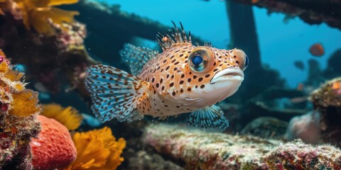 Porcupinefish swimming around a vibrant tropical shipwreck provides a stunning underwater scene. This captivating portrait of porcupinefish highlights their unique features amidst a shipwreck setting.