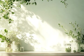 Bright and serene interior with fresh greenery and jars set on a wooden shelf during daylight hours