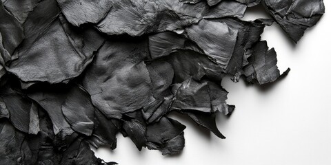 Charred paper scraps in a burned state are isolated on a white background, showcasing the texture and details of the burned paper. The charred paper creates a striking visual composition.