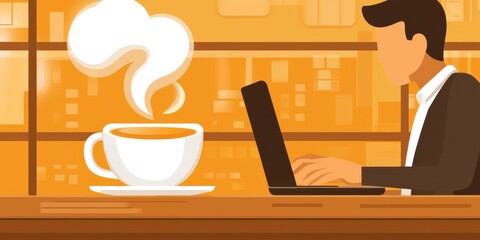 Fototapeta premium Sipping coffee while working on laptop in a cozy warm and inviting atmosphere for productivity and comfort