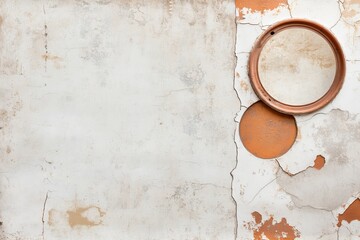 Textured wall with circular and oval openings showcasing weathered plaster and terracotta detail