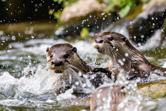 Playful otters splashing in a river, showcasing fun and liveliness. Bright natural light, river background.