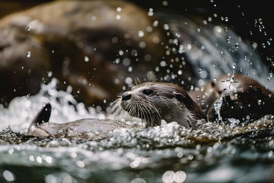 Playful otters splashing in a river, showcasing fun and liveliness. Bright natural light, river background.