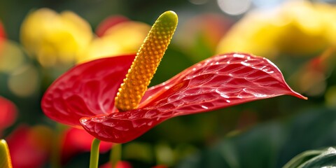 A vibrant red Anthurium, commonly referred to as the Flamingo Flower, showcases a vivid color. The sharp focus highlights the tip of the spadix, emphasizing the beauty of this Anthurium.