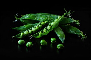 Pods of green peas on a black background, highlighting high contrast and the vividness of the fresh vegetable. Studio lighting.