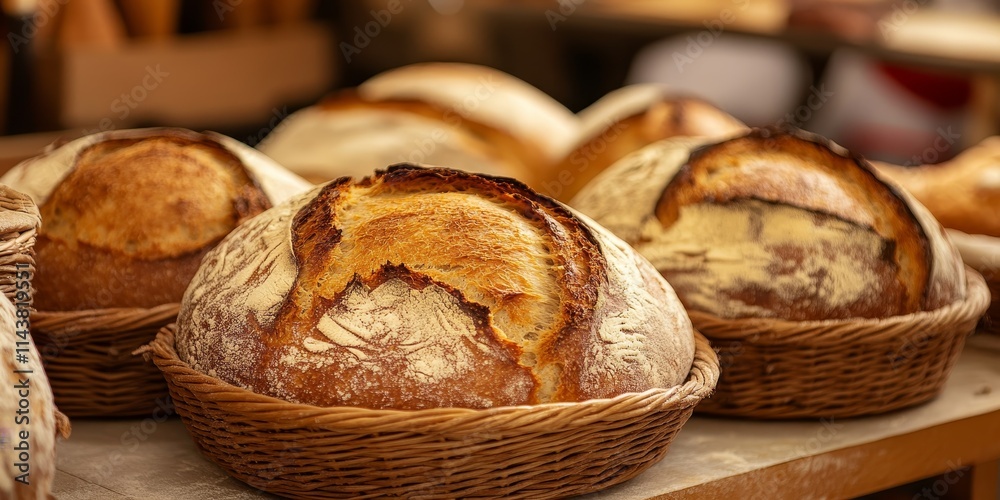 Poster Sourdough bread displayed prominently, featuring a freshly baked round loaf with a golden crust. This image captures the essence of sourdough bread in a rustic bakery setting.