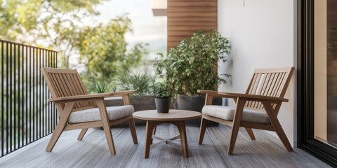 Obraz premium Cozy living area featuring wooden chairs and a table designed for balcony relaxation, creating an inviting space for leisure and enjoyment in your living area. Perfect for outdoor moments.