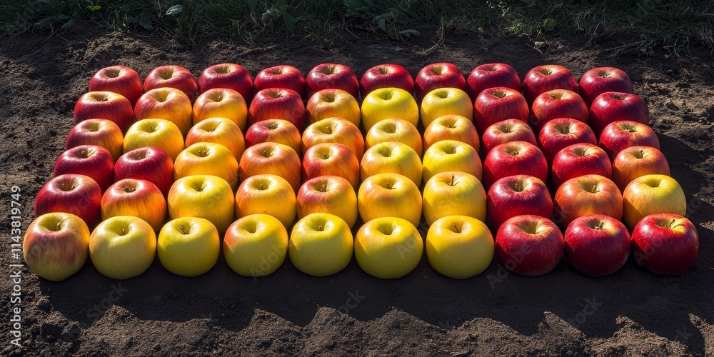 Poster A collection of thirty five red and yellow apples arranged neatly in five lines and seven columns on the ground, showcasing the vibrant colors of apples in an organized display.