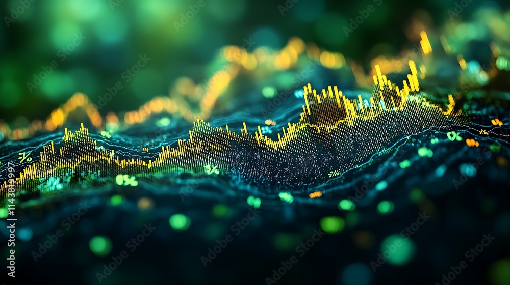 Poster abstract digital visualization of financial data on a colorful background with graph lines