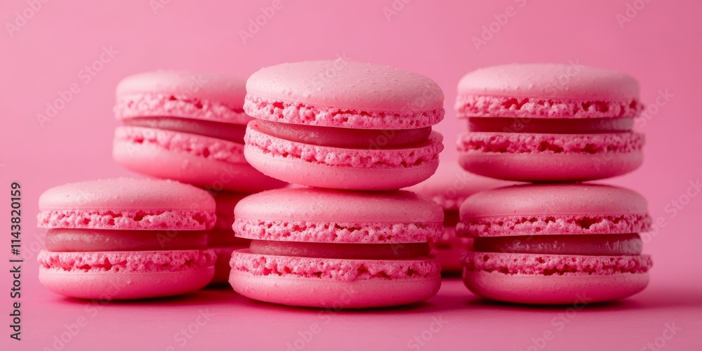 Poster stack of pink macaroons displayed against a pink background, showcasing an elegant arrangement of pi
