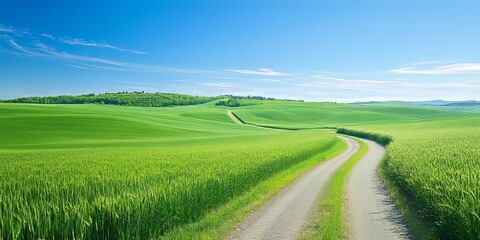 Obraz premium Vibrant green winter wheat fields stretch across the landscape under a sunny spring day, complementing the clear blue sky above and the scenic highway winding through the wheat fields.
