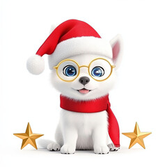 Cute white puppy wearing Santa hat and glasses, festive holiday spirit, surrounded by golden stars. Perfect for Christmas celebrations and seasonal joy