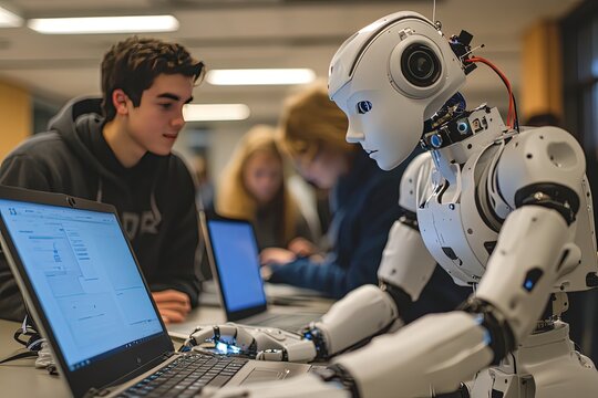 A group of engineering students programming a robotic device in a high-tech lab environment, with laptops and electronic modules as part of their collaborative project. - Powered by Adobe