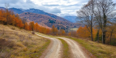 Late autumn scenery featuring a dirt road, ideal for nature walks. Explore the mountain panorama and hiking trails in the warm autumn weather, perfect for enjoying the beauty of late autumn.
