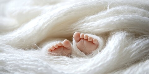 Obraz premium Newborn soft feet wrapped in a cozy white woolen blanket showcase the delicate beauty of infant tenderness, highlighting the softness and warmth that a newborn brings.