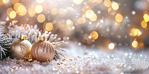 A golden Christmas tree with golden baubles and ornaments, decorated for the holiday season, surrounded by snow, lights, and festive cheer,Generated By Ai