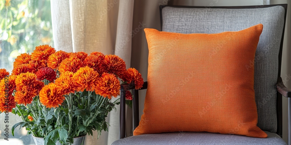 Poster vibrant cushion on a chair accompanied by orange chrysanthemums, creating a lively and inviting atmo