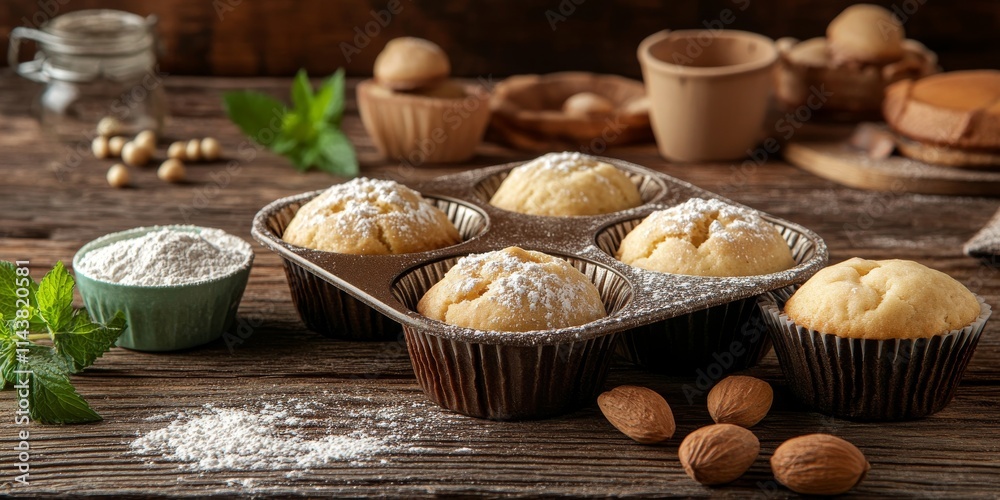 Poster muffin dough prepared in molds on a wooden table, showcasing the process of creating delicious muffi